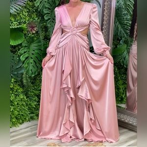 Satin Long Sleeve with Ruffles Maxi Dress